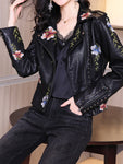 Autumn Women Biker Leather Jacket  Floral Print Embroidery