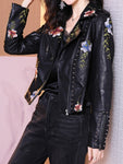 Autumn Women Biker Leather Jacket  Floral Print Embroidery