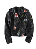 Autumn Women Biker Leather Jacket  Floral Print Embroidery