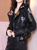 Autumn Women Biker Leather Jacket  Floral Print Embroidery