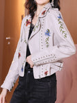 Autumn Women Biker Leather Jacket  Floral Print Embroidery